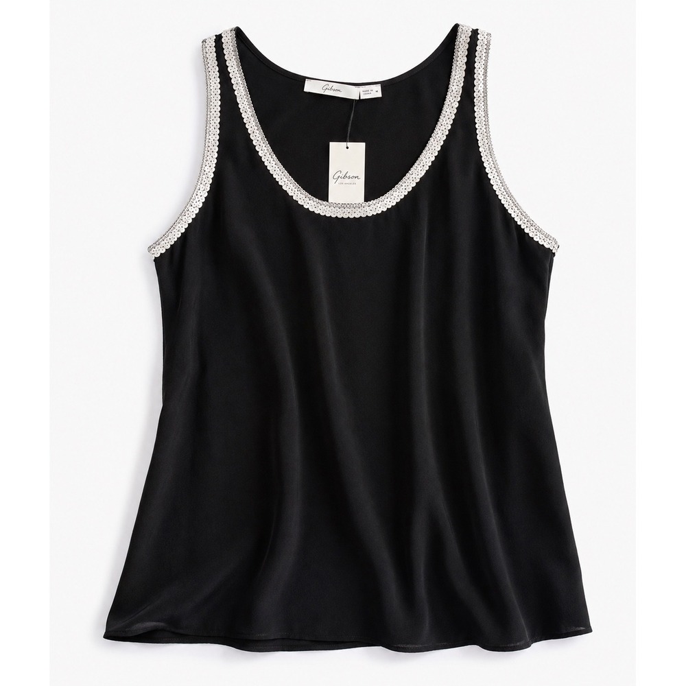 NWT Gibson 100% Silk Black Shell Top Embellished Trim Quiet Luxury Size M